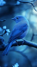 Blue bird perched on dark branch with blossoms.
