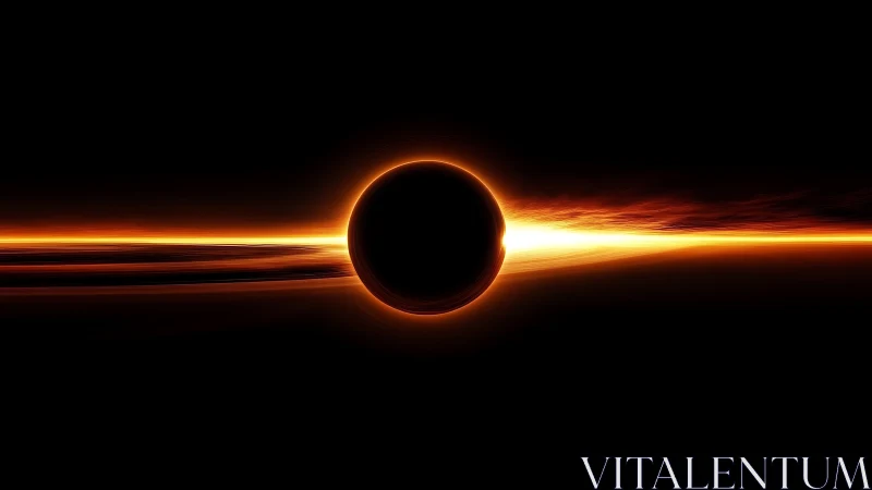 Black hole silhouette cuts through blazing plasma ring.