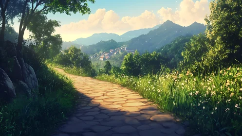 Sunlit stone path curves toward distant mountain village.