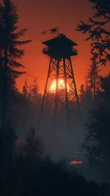Silhouetted forest watchtower intercepts a low, incendiary sunset