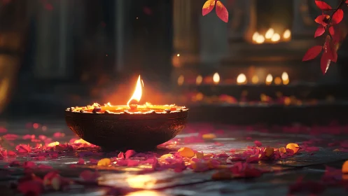Single oil lamp burns among dispersed petals on stone floor