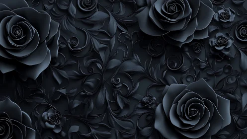 Monochromatic Floral Composition: Layered Black Roses with Ornamental Details