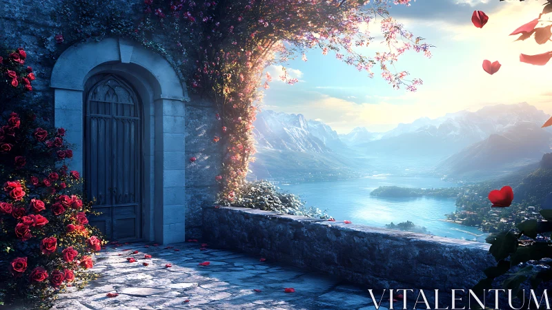 Romantic stone terrace gateway overlooking luminous alpine lake.