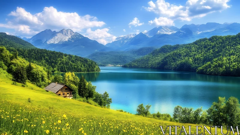 Lakeside chalet nestles beneath vivid alpine summer mountains.