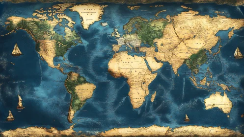 Vintage world map illustration with nautical cartographic detailing.