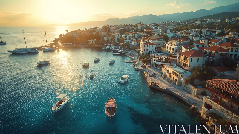 Coastal Mediterranean town harbor at sunset with moored boats.