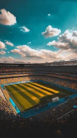 Sunlit football arena under expansive teal sky at dusk.
