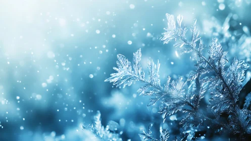 Macro icy fern leaves under soft blue winter bokeh light.