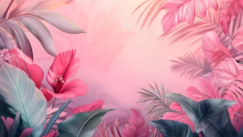 Pink tropical foliage background with stylized leaves and blooms.