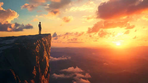 Solitary figure on sunlit cliff edge above luminous valley