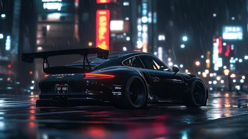 Black track car cuts neon rain on glossy city streets.