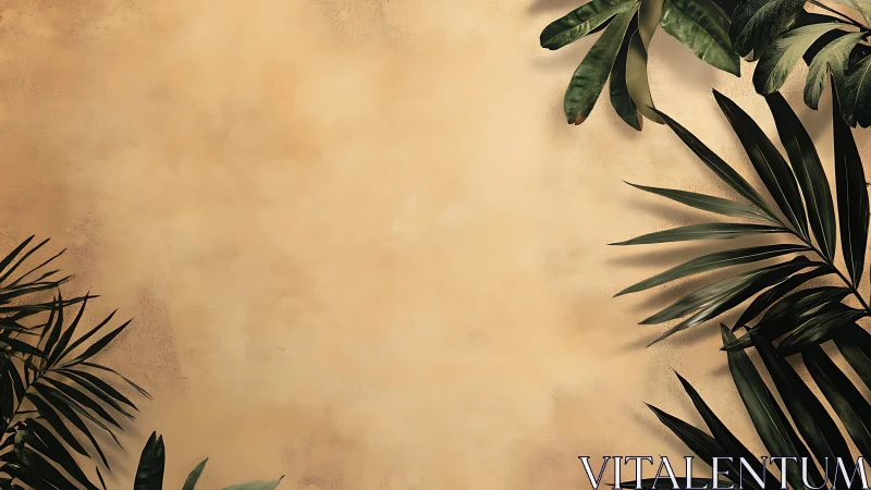 Tropical foliage against textured beige background wall.