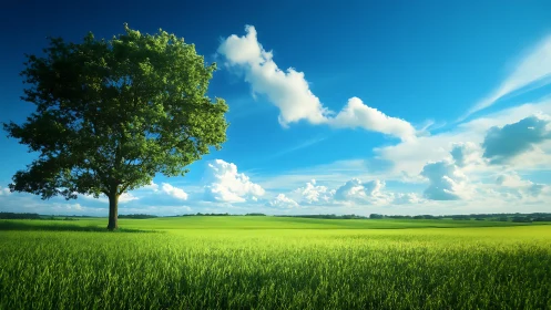 Solitary tree resting beneath a vast gentle summer sky.