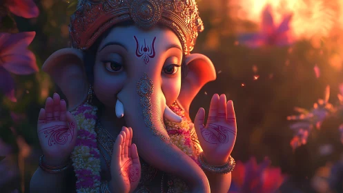 Digital rendering of Ganesh figure with raised hands gesture.