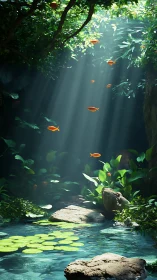 Volumetric sunrays over aquatic grotto with suspended fish.