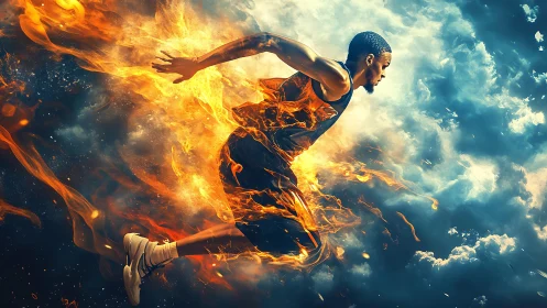 Fiery runner charges forward through glowing storm clouds