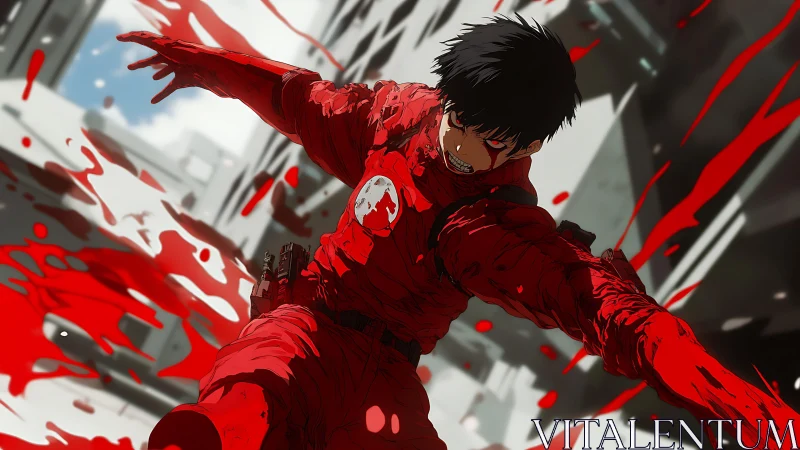 Blood-soaked urban warrior lunges through scarlet chaos.