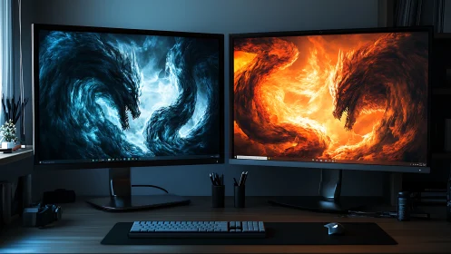 Dual dragon monitors glowing in a cozy gamer workspace.