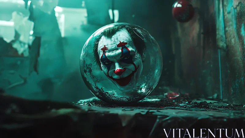 Grinning clown orb haunts a ruined neon alleyway nightscape.