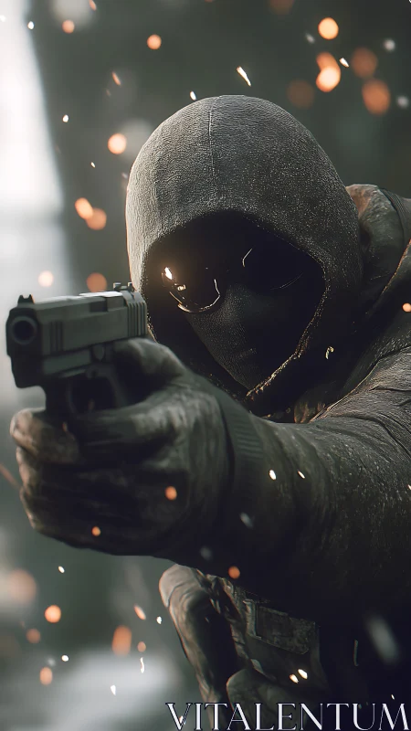 Hooded armed figure aiming handgun in blurred outdoor scene.