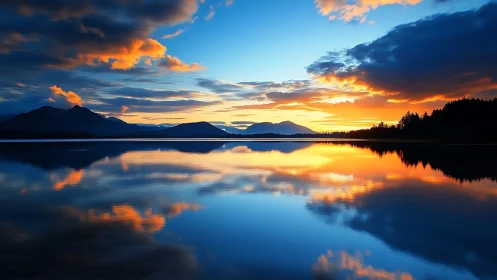 Panoramic alpine lake sunset renders mirrored chromatic sky