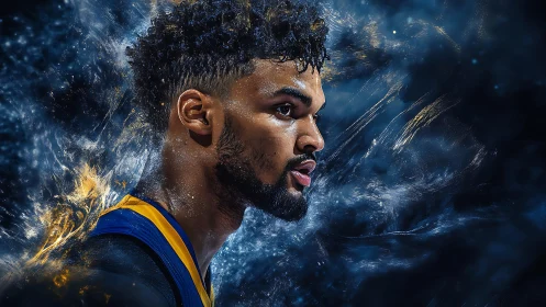 Cosmic court sprint: focused baller carved from starlight.