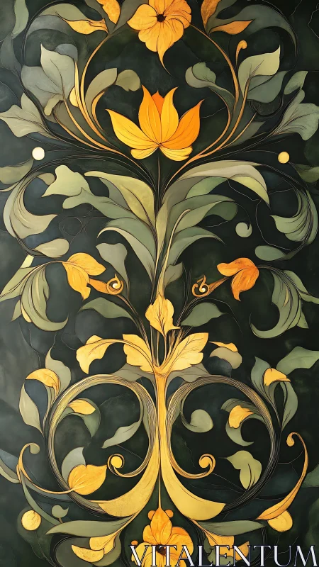 Ornate vertical floral arabesque with golden stylized blossoms