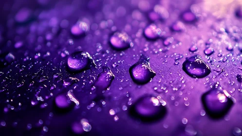 Violet water droplets shine across defocused metallic surface.