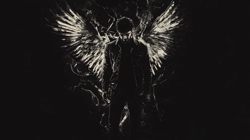 Shadowed angel figure emerges with fractured light wings.