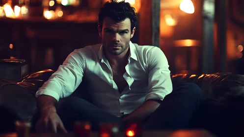 Brooding man on leather sofa under moody amber bar lights.