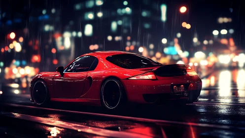 Red sports coupe on wet city street at night in rain.