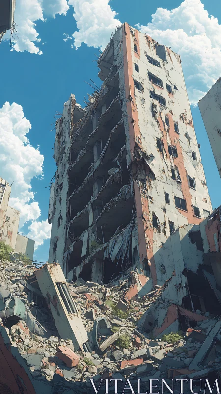Heavily damaged high-rise structure stands amid dense rubble