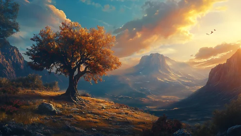 Solitary deciduous tree in illuminated mountain valley landscape.