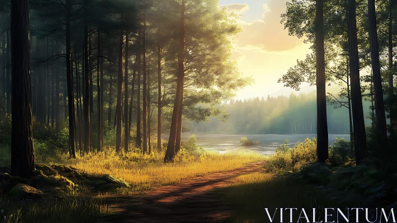Forest Path Converges Toward Lake at Golden Hour