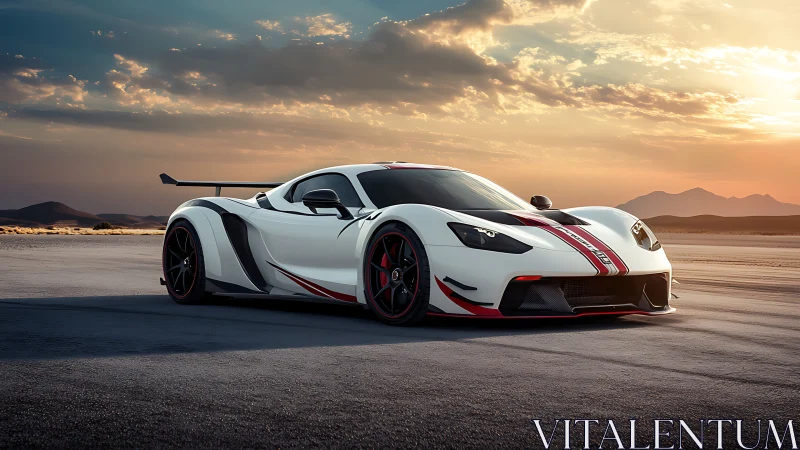 White track-focused supercar on open desert roadway.