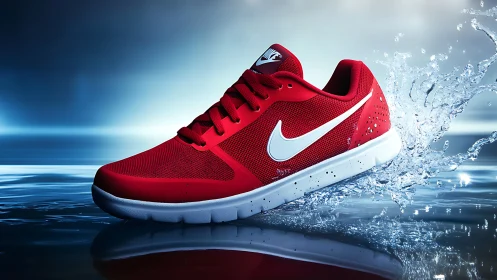 Red athletic sneaker splashing through reflective water surface.