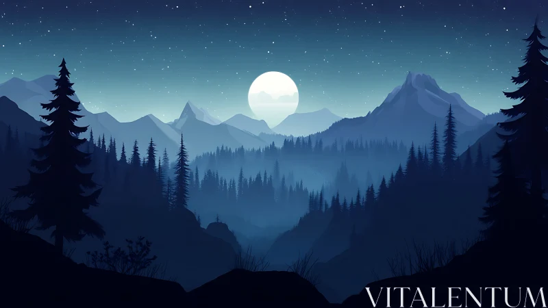 Mountain Valley Under Full Moon at Night