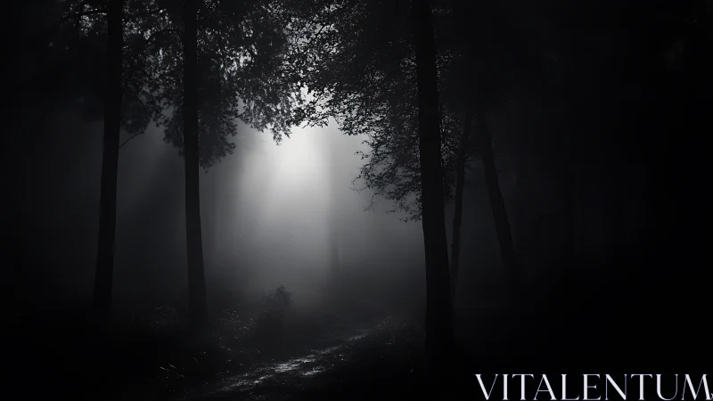 Low key volumetric light piercing dense nocturnal forest.