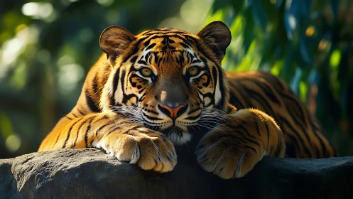 Resting Bengal tiger on sunlit rock in dense forest habitat