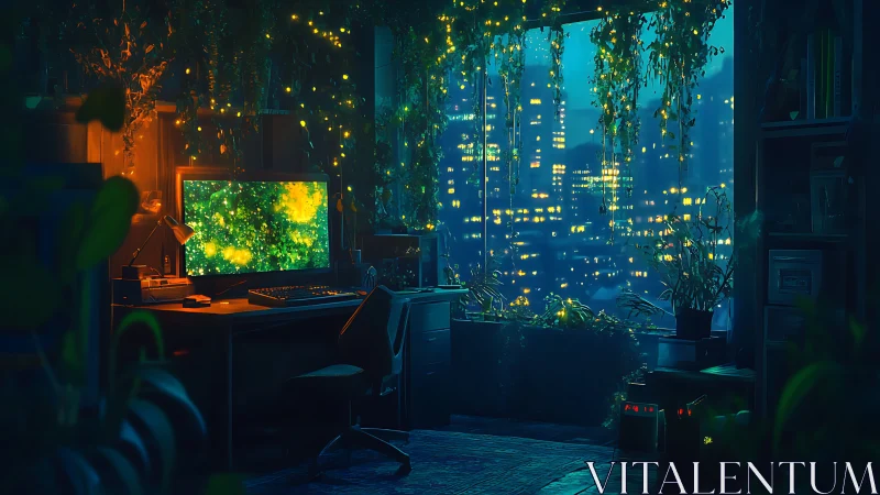 Neon jungle workspace glowing above the sleepless city.