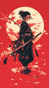 Young samurai stands calm beneath a glowing autumn moon.