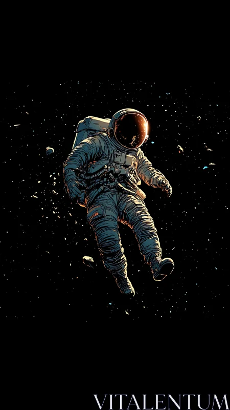 Quiet drift of a lone astronaut in the glittering dark.