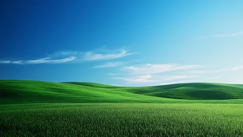 Rolling green hills under clear blue midday sky.