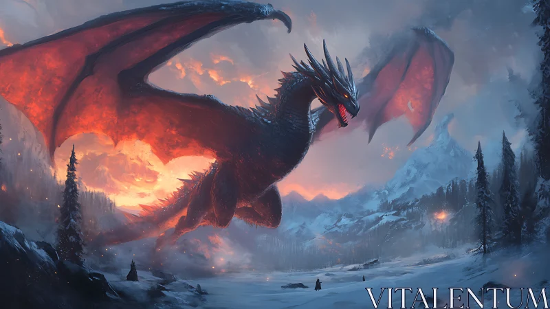 Large winged dragon over snowy valley at sunset landscape.