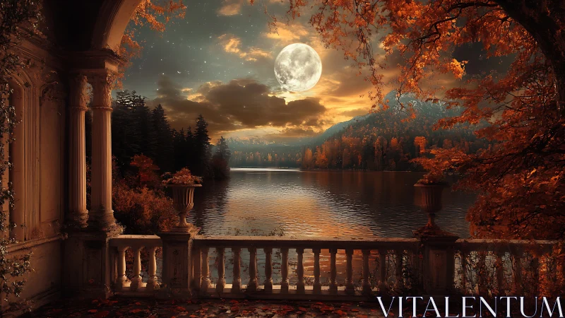 Moonlit autumn veranda quietly cradles a shimmering lake