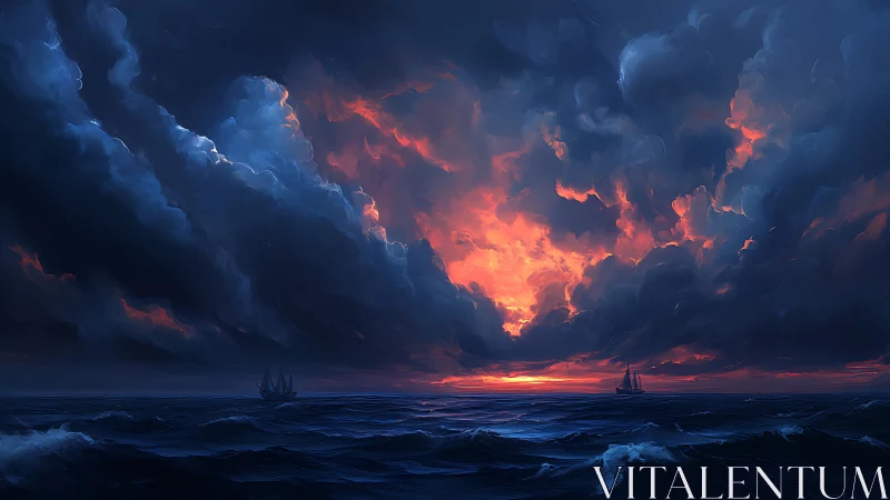 Storm-lit seascape glows beneath a fiery twilight sky.
