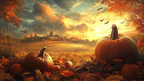 Majestic pumpkins rest beneath a glowing autumn sunset.