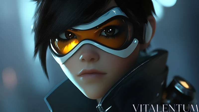 Stylized sci fi character portrait with orange visor goggles.