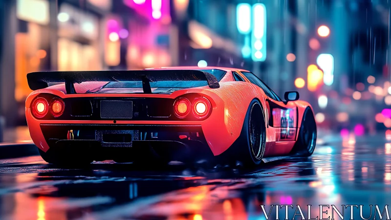 Neon-lit racing supercar on glossy rain-soaked city street.