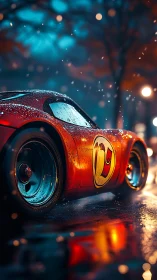 Photorealistic red race car on neon-lit rainy street at night.